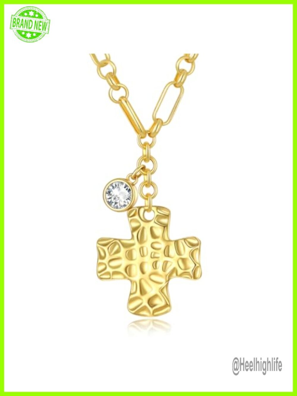 14K Gold Plated Hammered Cross Pendant Necklace - Diamond Birthstone Charm